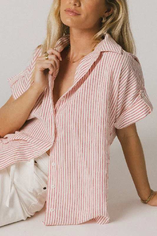 Douglas Striped Button Up in Red Casual Women's Loose - fitting