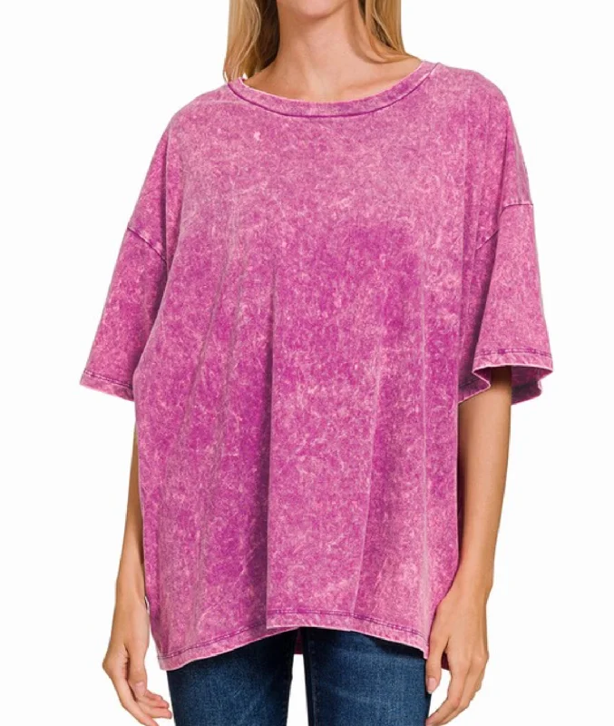 Acid Wash Cotton Boyfriend Tee Plum Cozy Women's Winter