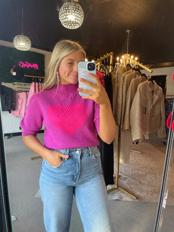 Pink Heart Short Sleeve Sweater Monochromatic Office Style