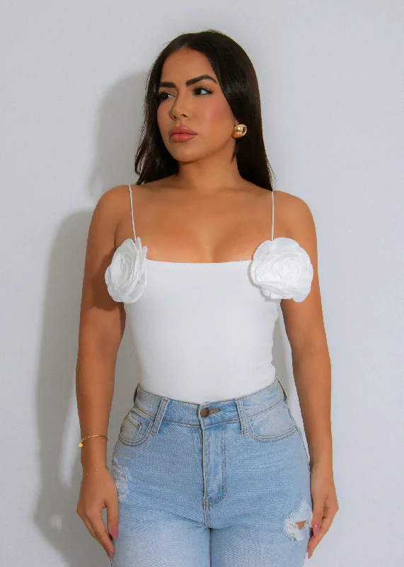 Petal Poise Floral Bodysuit White Feminine Women's Soft 