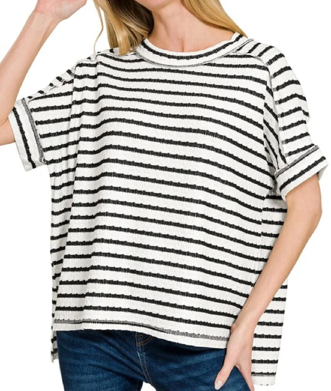 Stripe Textured Tee Black Youthful Women's Anime - inspired
