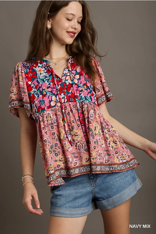 UMGEE Navy Mix Printed Smocked Shoulder Top Casual Women's Loose - fitting