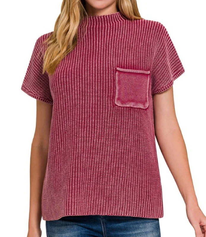 Washed Short Sleeve Sweater Cabernet Red Classic Women's Tweed