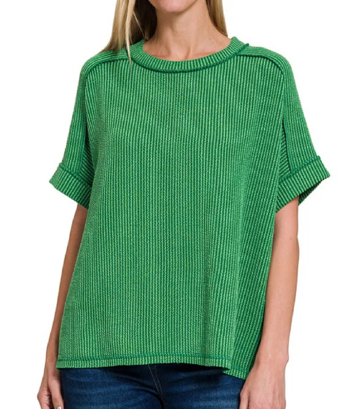 Corded Ribbed Cuffed Sleeve Top Green Geometric