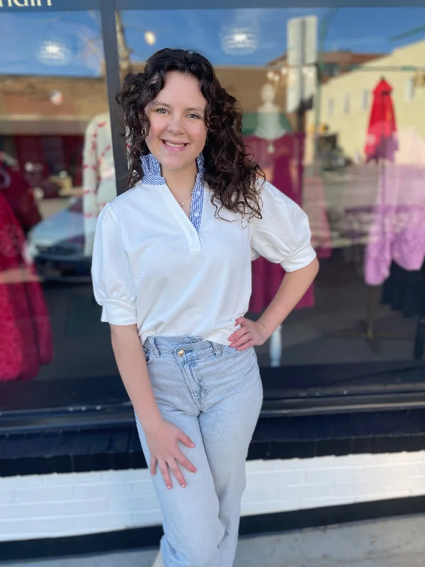 White & Pinstripe Top Trendy Women's 