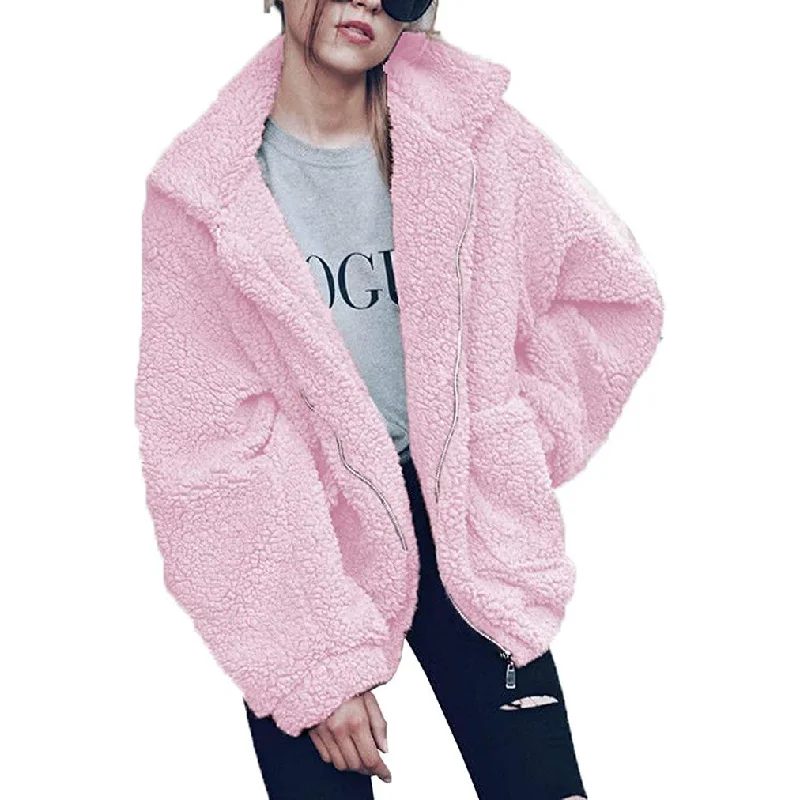 Women's Lapel Zip Up Faux Shearling Shaggy Coat Jacket Youthful Women's Anime - inspired