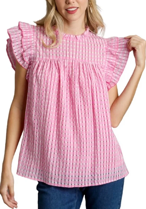 UMGEE Pink Gingham Ruffle Flutter Sleeve Top Cool Women's Skate