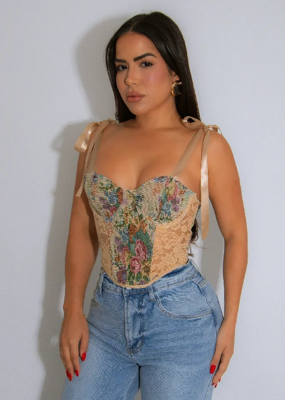 Renaissance Romance Lace Floral Crop Top Nude Refined Women's 