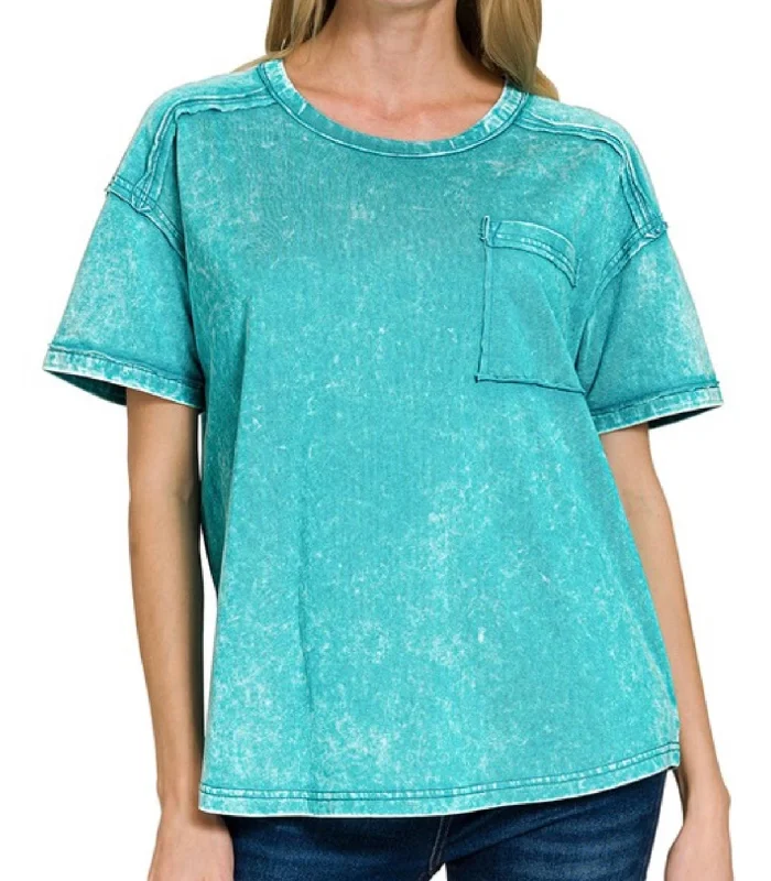 Acid Wash Pocket Tee Teal Sleek Women's Metallic