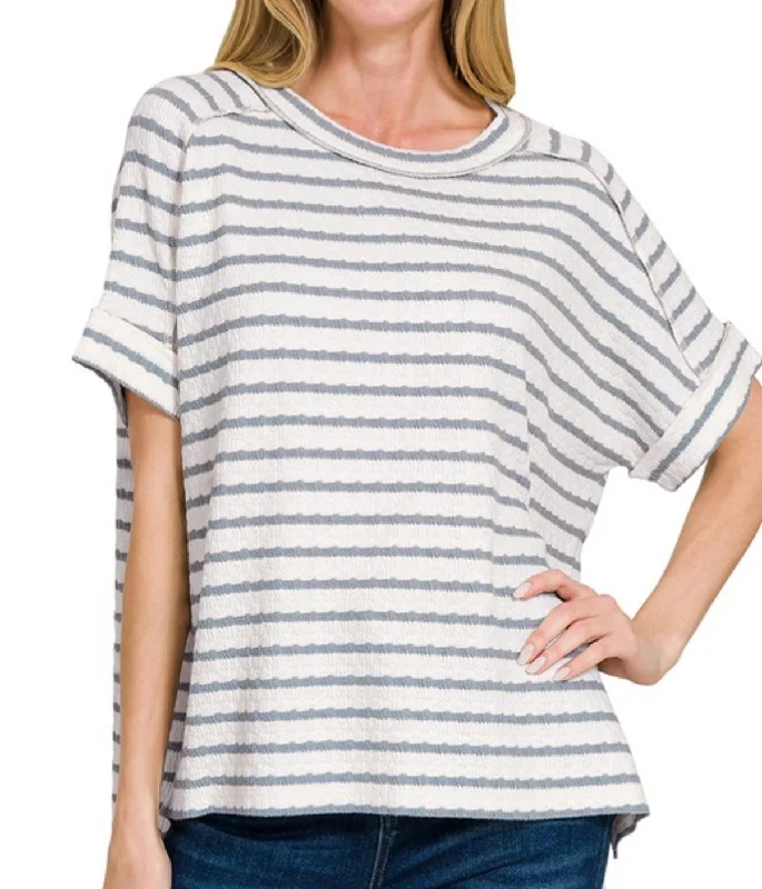Stripe Textured Tee Blue Grey Preppy Women's College
