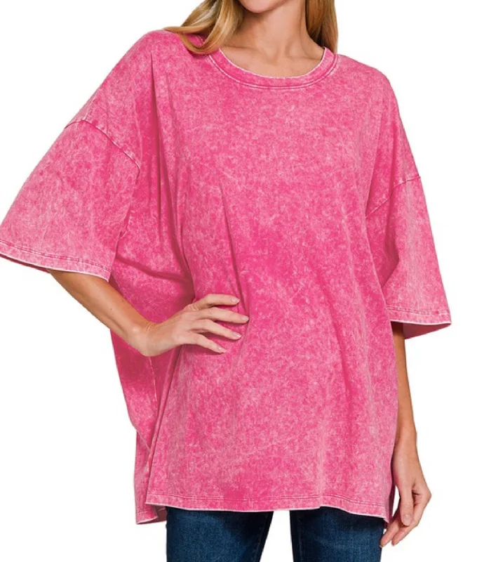 Acid Wash Cotton Boyfriend Tee Hot Pink Monochromatic All - in - one