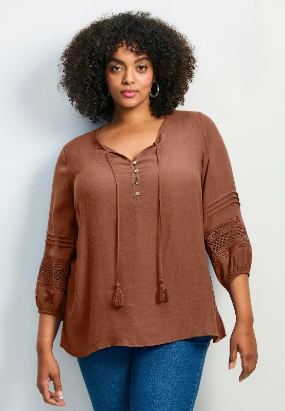 Pintuck Lace Peasant Top Traditional Women's 