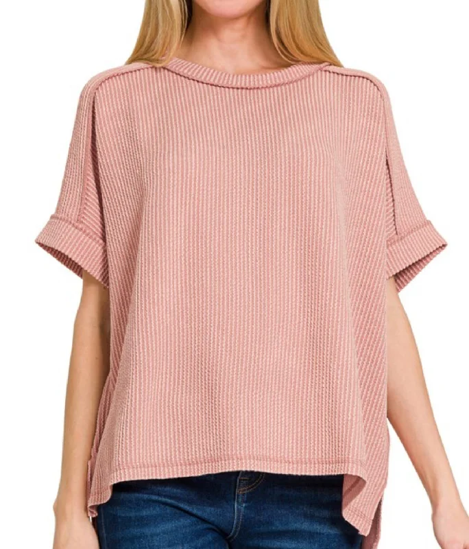 Corded Ribbed Cuffed Sleeve Top Rose Refined Women's 