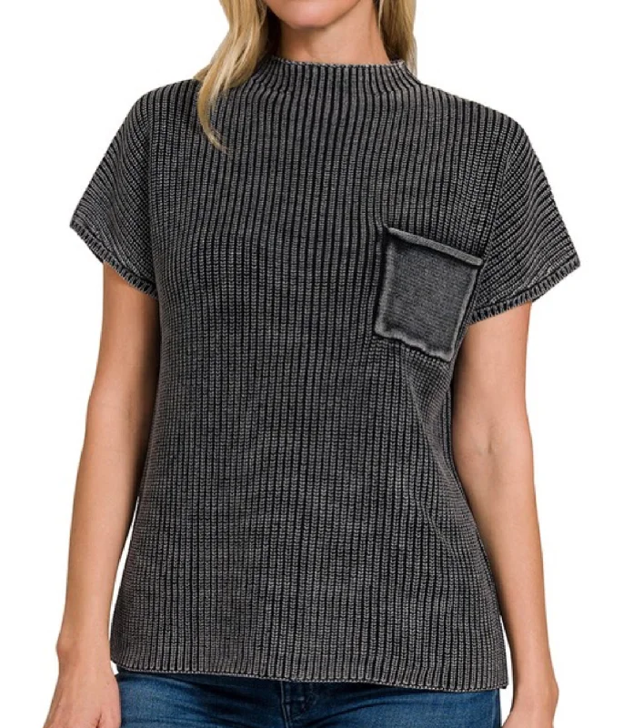 Washed Short Sleeve Sweater Ash Black Bold Women's Statement