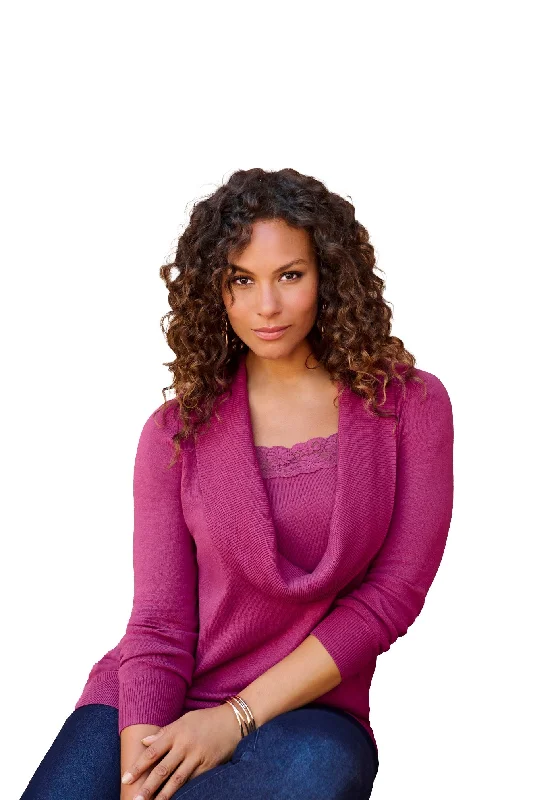Lace Trim Cowl Neck Sweater Cozy Women's Winter