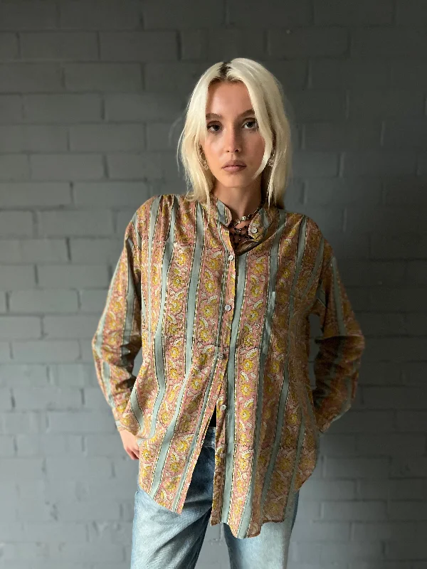 Button Shirt - Woodblock printed Cotton - Duck Egg Blue Feminine Women's Style 