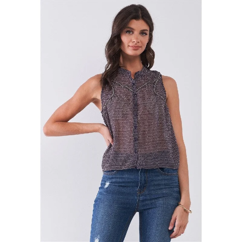 Purple & Multi Sleeveless Mock Neck Front Button Down Sheer Blouse Top Bold Women's Animal Print
