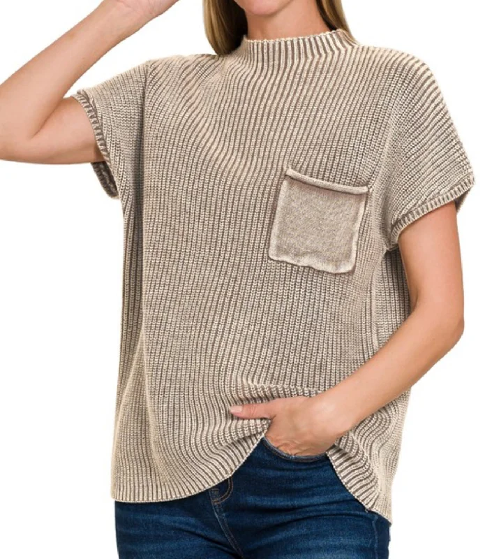 Washed Short Sleeve Sweater Ash Mocha Bohemian Women's Free