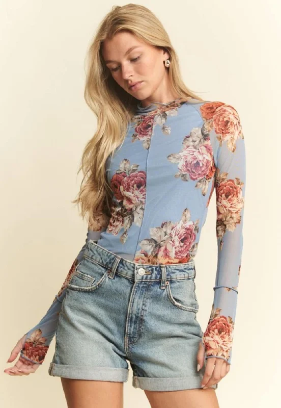 Blue Floral Mesh Layering Top Scandinavian