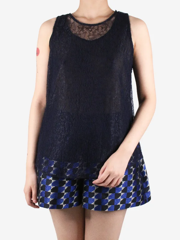 Blue sleeveless lace top - size M Geometric