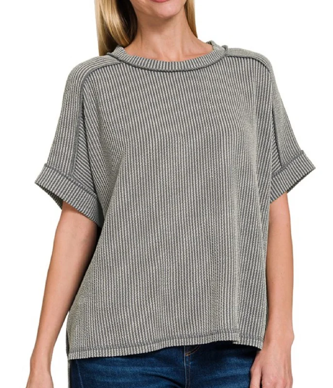 Corded Ribbed Cuffed Sleeve Top Grey European