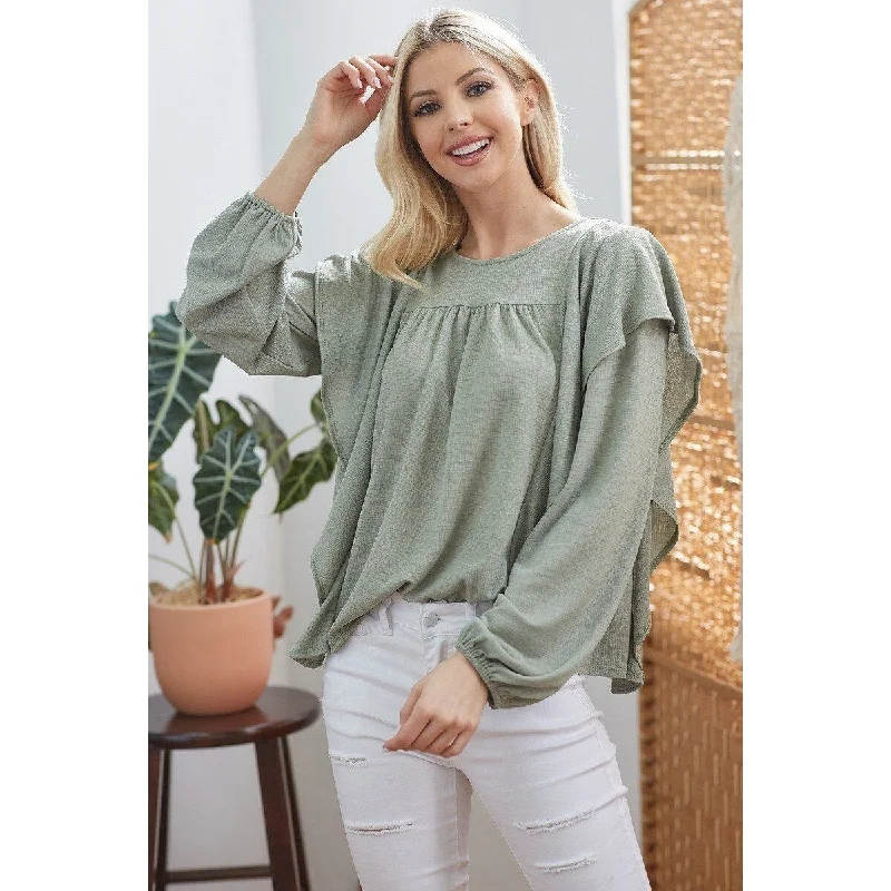 Solid Rayon Draped Ruffle Long Sleeve Top Minimalist Women's Casual