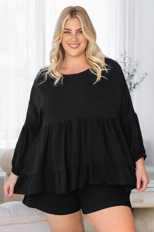 Daisy Babydoll Linen Top Jet Black Monochromatic All - in - one