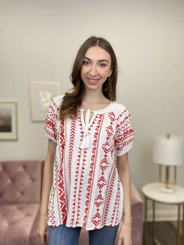 Nashville Party Women's Embroidered Tassel Short Sleeve Top Vacation