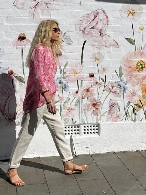 Jiva Maria Shirt -  Pink Fleur Print - Ramie Monochromatic Office Style