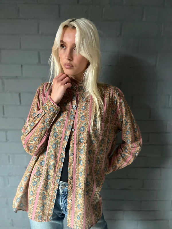 Button Shirt - Woodblock printed Cotton - Pink Design Athletic Women's 