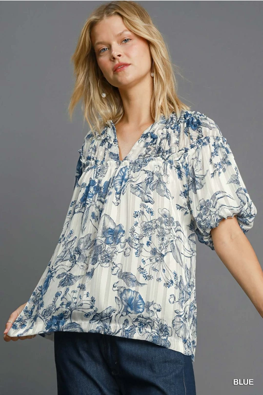 UMGEE Blue Floral Vintage Ruffle Top Casual Women's Japanese 