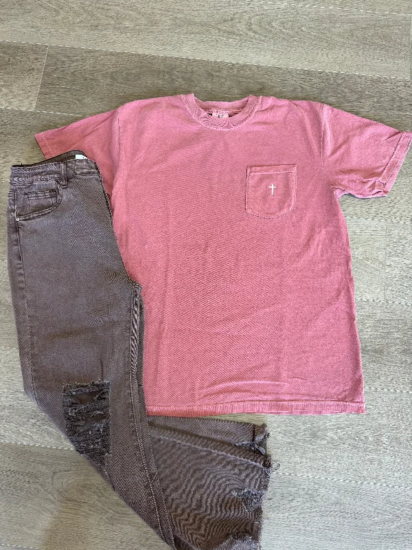 Maroon cross embroidered pocket tee- comfort color Dapper Women's 1920S