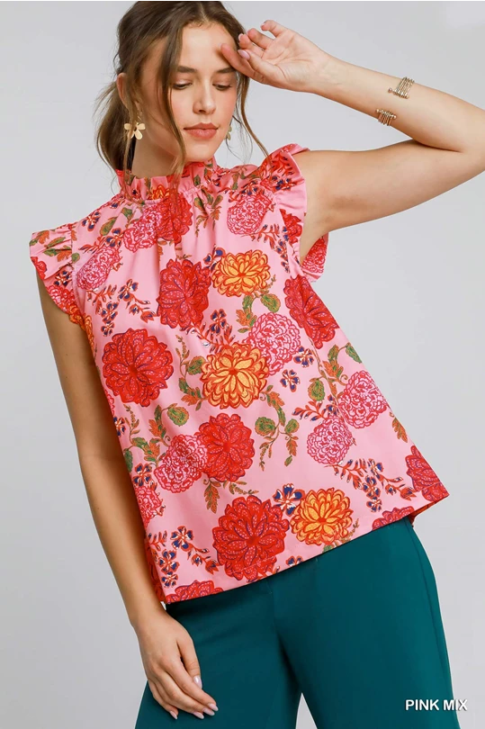 UMGEE Floral Print Ruffle Neck Top Pink Mix Elegant Women's Formal 