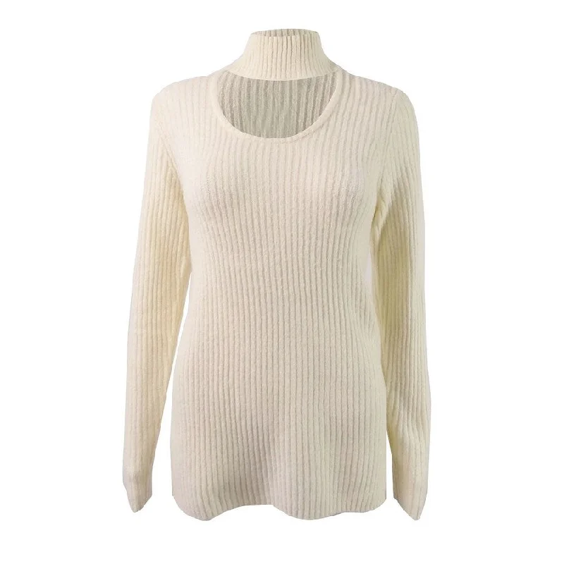 Kensie Women's Ribbed-Knit Choker Sweater Classic Women's Pin - striped
